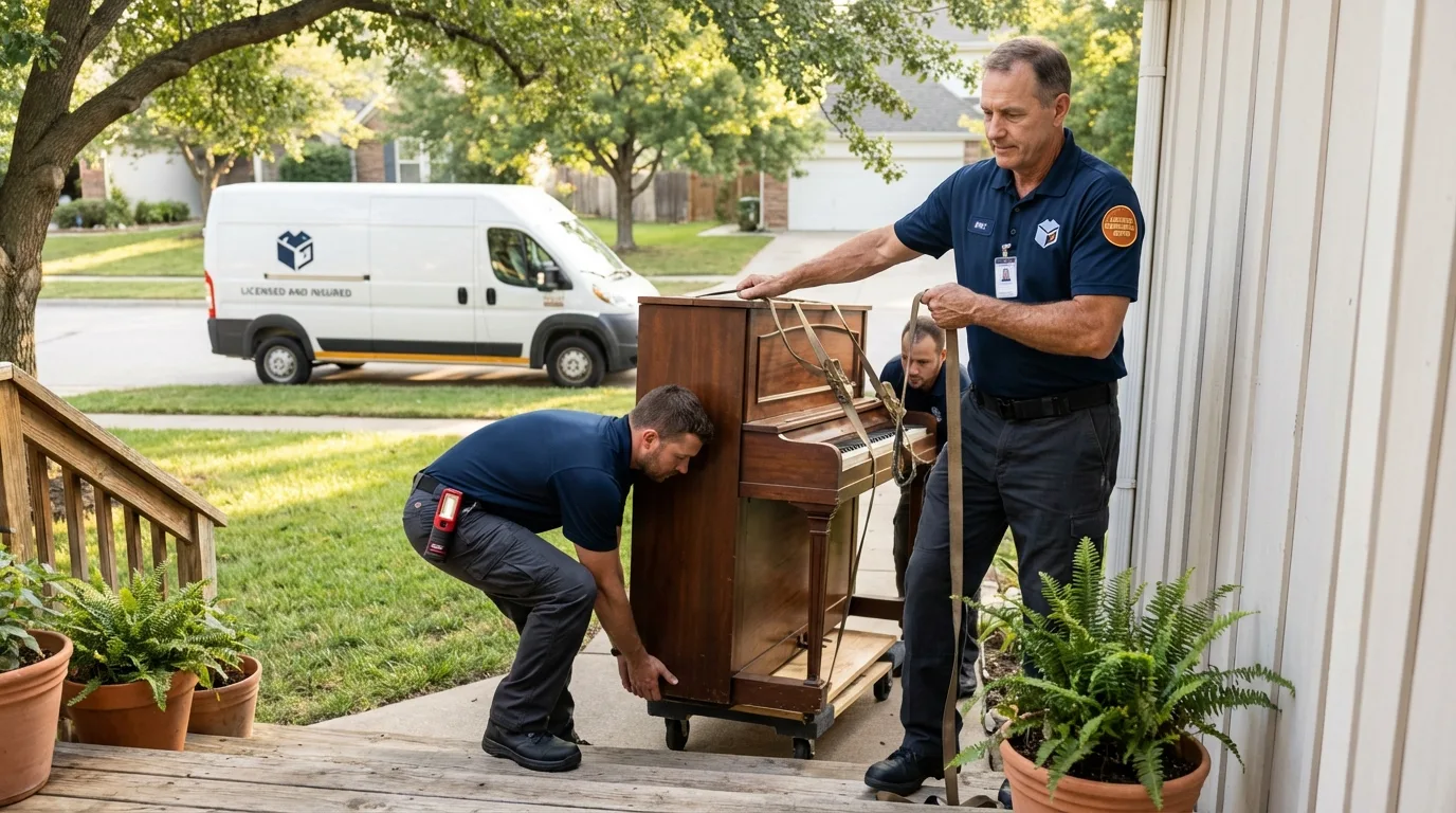 Licensed piano movers securing grand piano in Port Carbon, PA