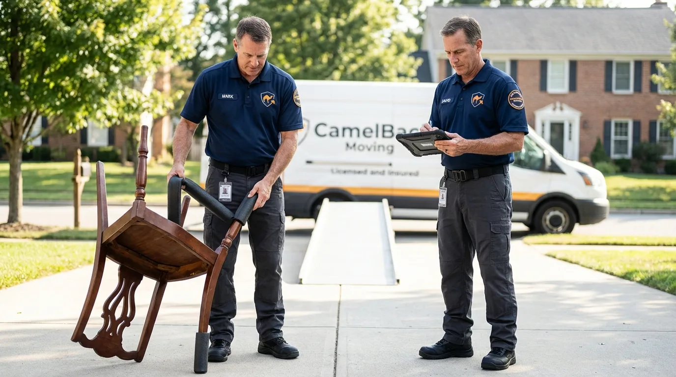 Movers inspecting furniture for damage prevention before loading in Port Carbon, PA