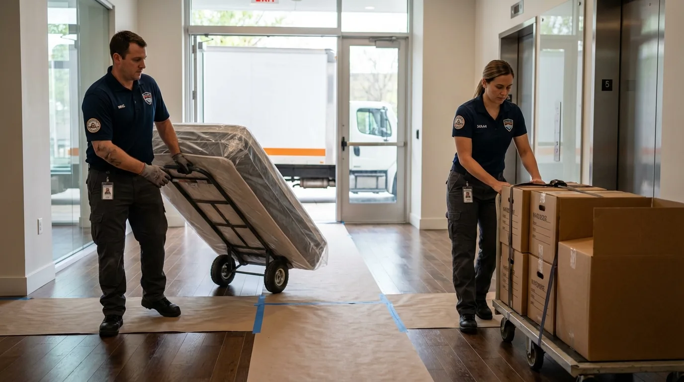 Professional apartment movers loading elevator in Port Carbon, PA