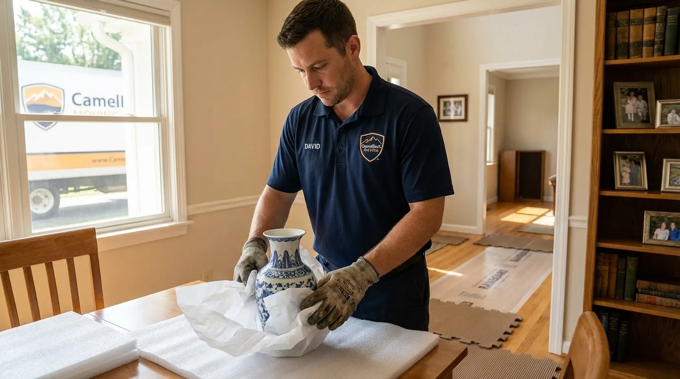 Professional crew carefully wrapping antique vase for senior downsizing move in Port Carbon, PA